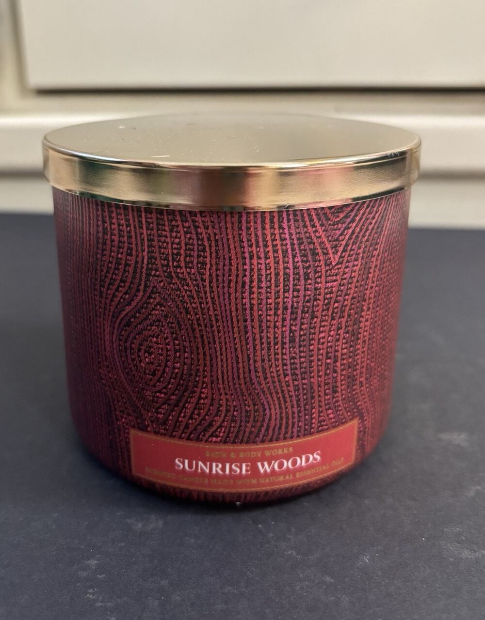 NEW HTF Bath and Body Works SUNRISE WOODS Burgundy 3-Wick Candle, 14.5 oz *NEW*